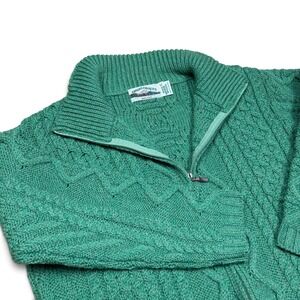 Aran Crafts Ireland 100% Merino Wool Cable Knit Full Zip Sweater Green XL Chunky